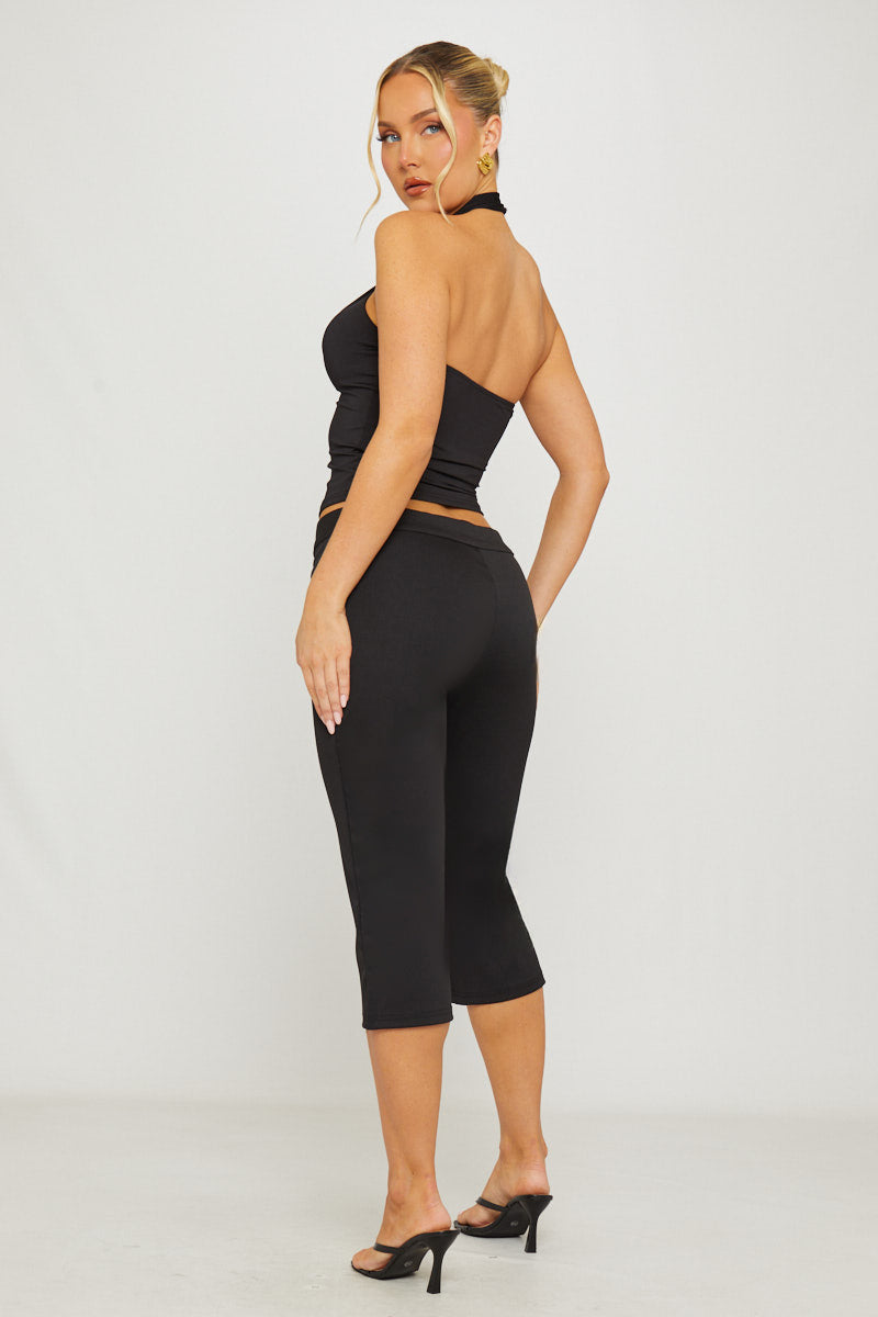 Valantomode | Chic Black Low Rise Capri Pants with Button Detail