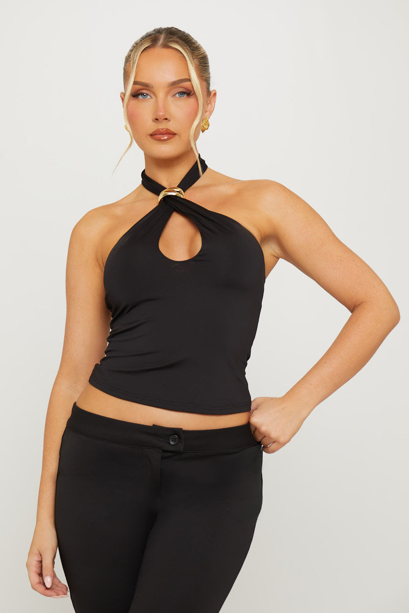 Valantomode | Chic Black Halterneck Crossover Crop Top for Stylish Looks