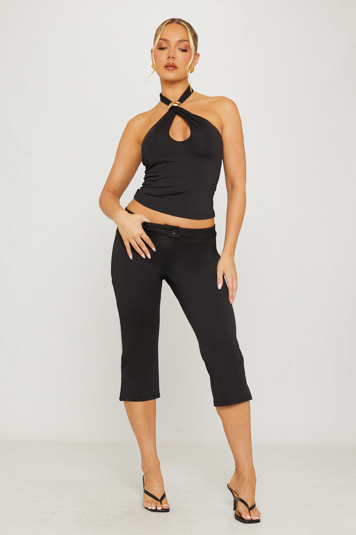 Valantomode | Chic Black Halterneck Crossover Crop Top for Stylish Looks