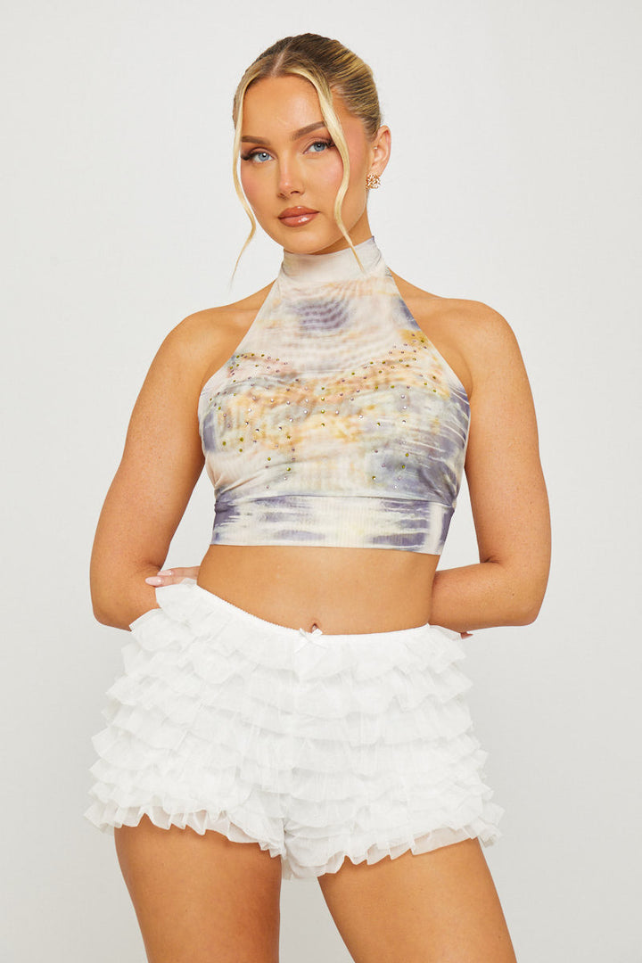 Valantomode | Diamante Butterfly Print Cream High Neck Crop Top