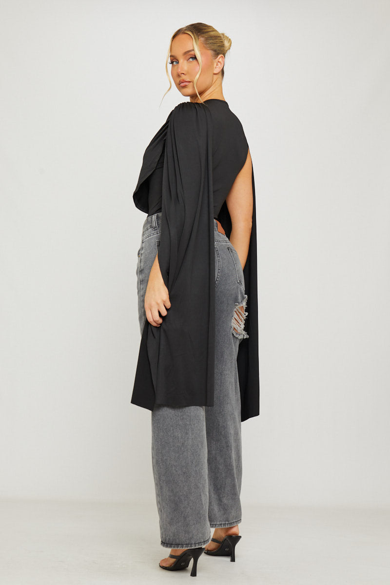 Valantomode | Chic Black Ruched Bodysuit with Draped Shoulders