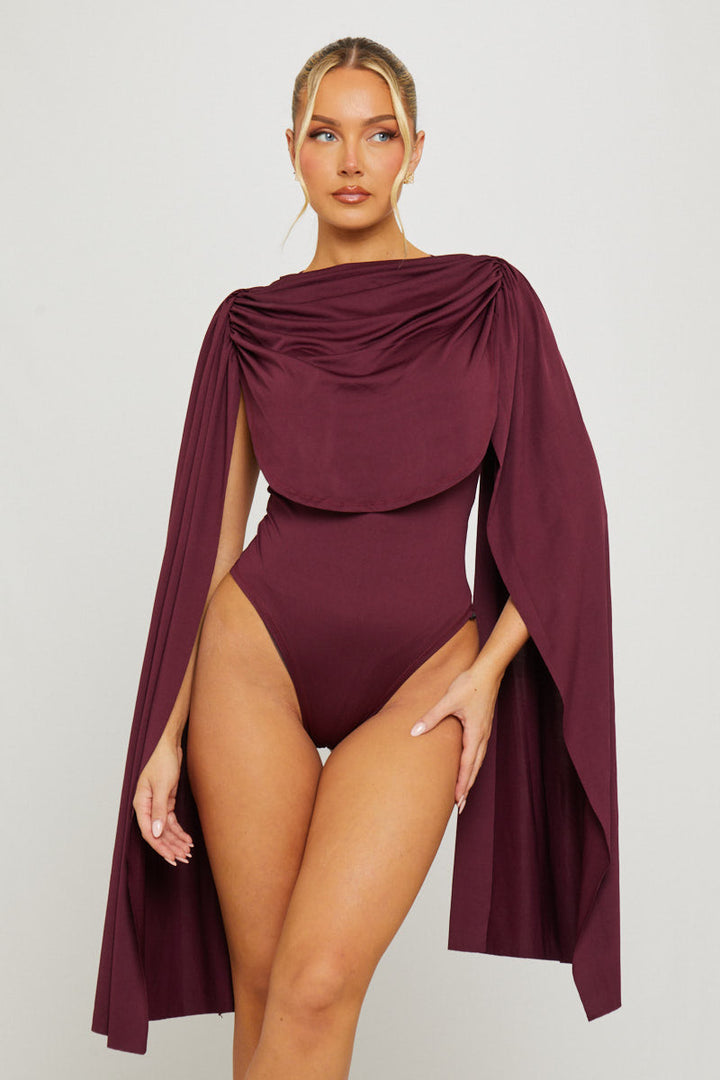 Valantomode | Elegant Burgundy Ruched Bodysuit with Shoulder Draping