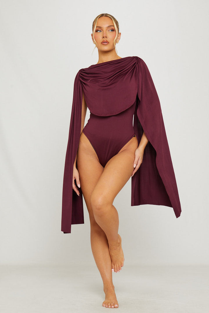 Valantomode | Elegant Burgundy Ruched Bodysuit with Shoulder Draping