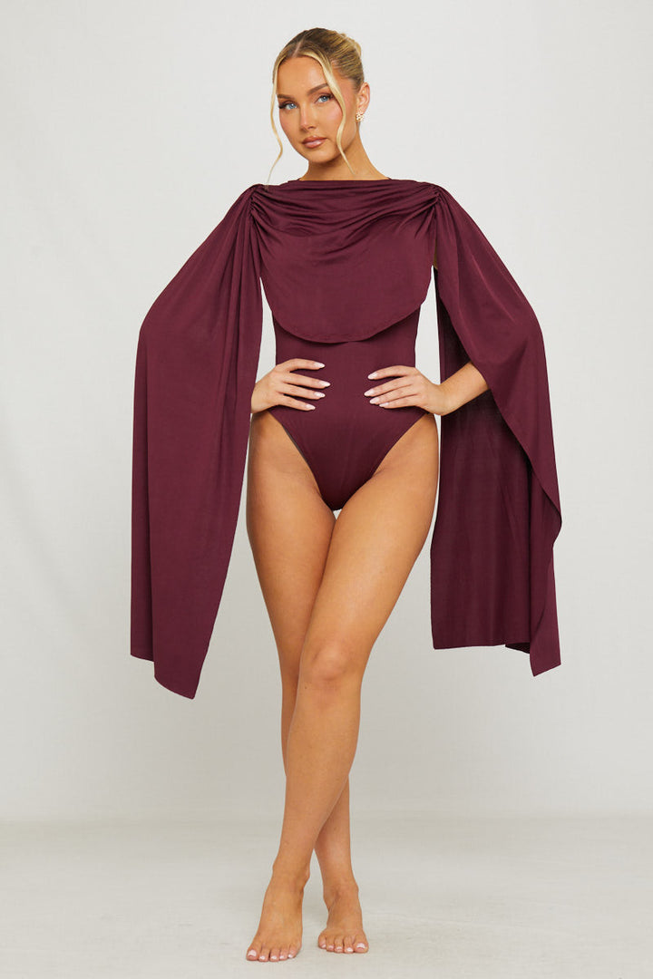 Valantomode | Elegant Burgundy Ruched Bodysuit with Shoulder Draping
