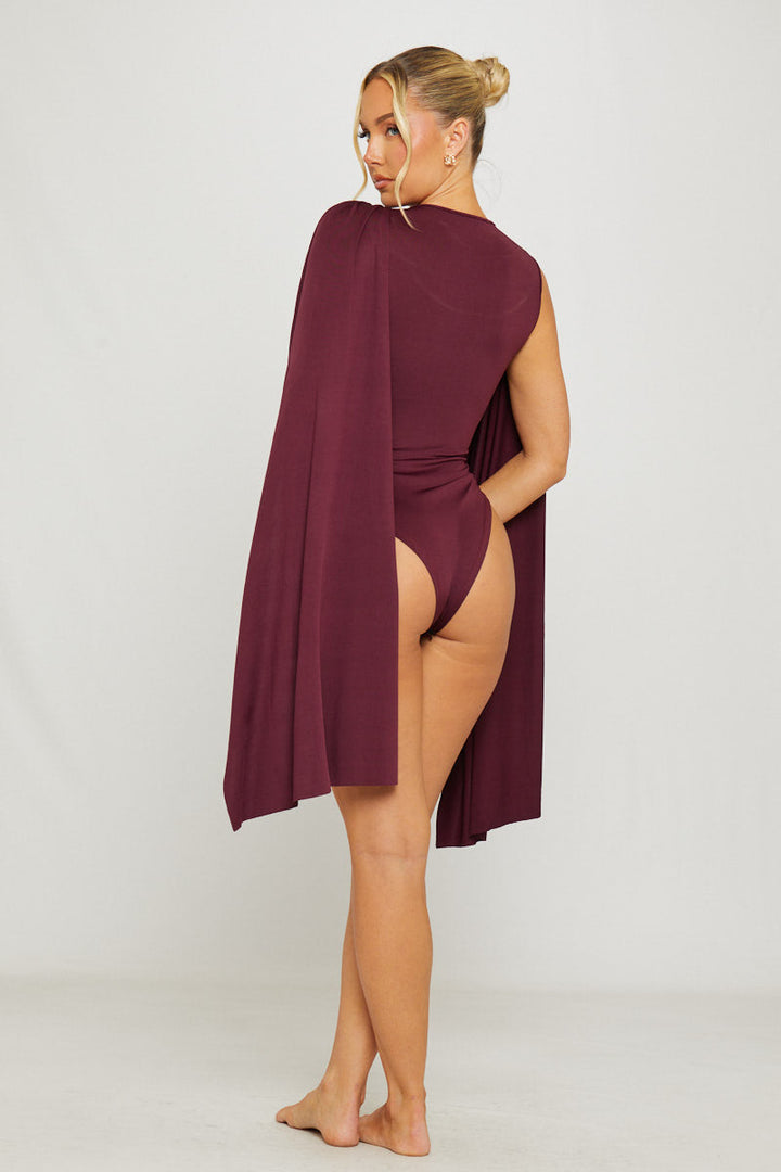 Valantomode | Elegant Burgundy Ruched Bodysuit with Shoulder Draping