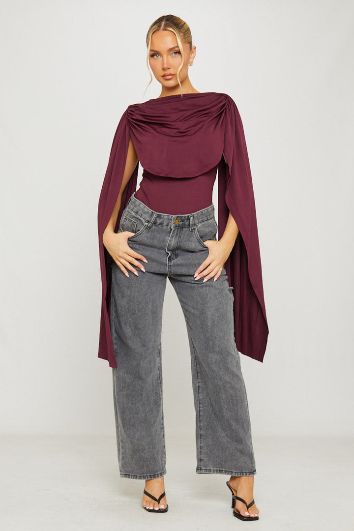Valantomode | Elegant Burgundy Ruched Bodysuit with Shoulder Draping