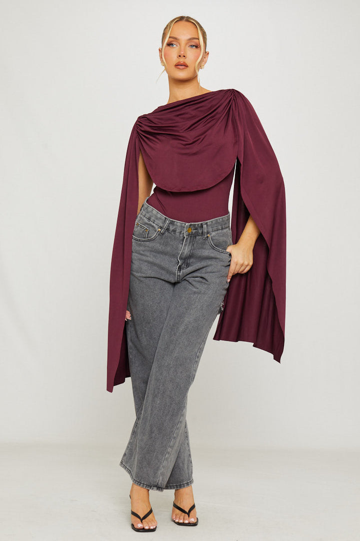 Valantomode | Elegant Burgundy Ruched Bodysuit with Shoulder Draping
