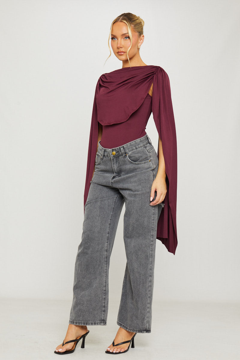 Valantomode | Elegant Burgundy Ruched Bodysuit with Shoulder Draping