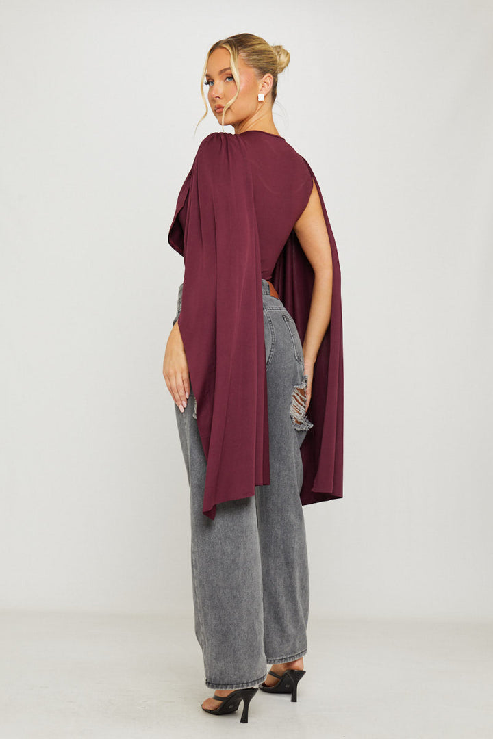 Valantomode | Elegant Burgundy Ruched Bodysuit with Shoulder Draping