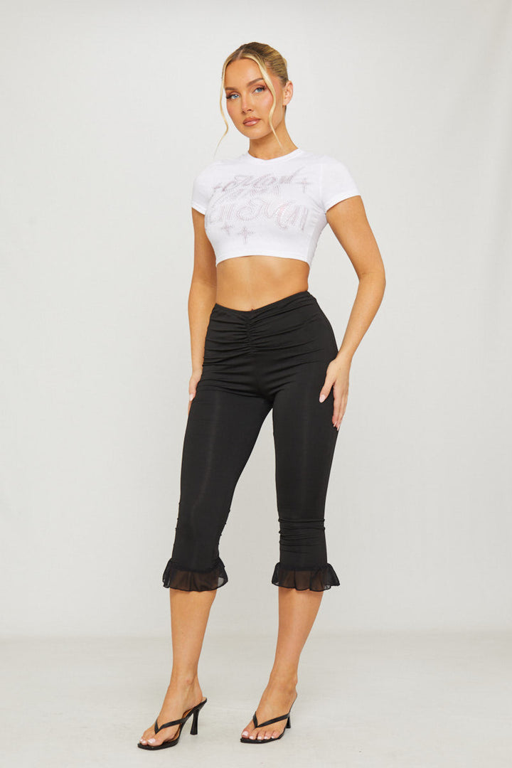 Valantomode | Chic Black Ruched Capri Leggings with Frill Hem