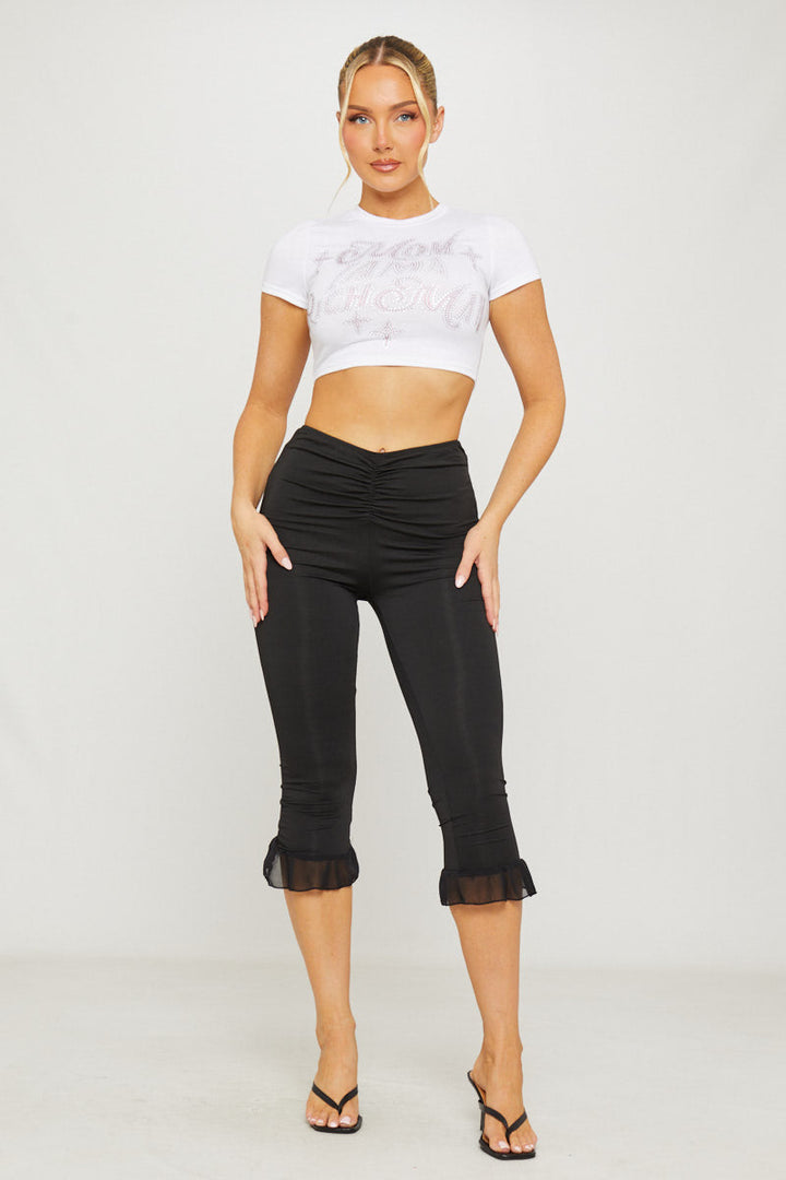 Valantomode | Chic Black Ruched Capri Leggings with Frill Hem