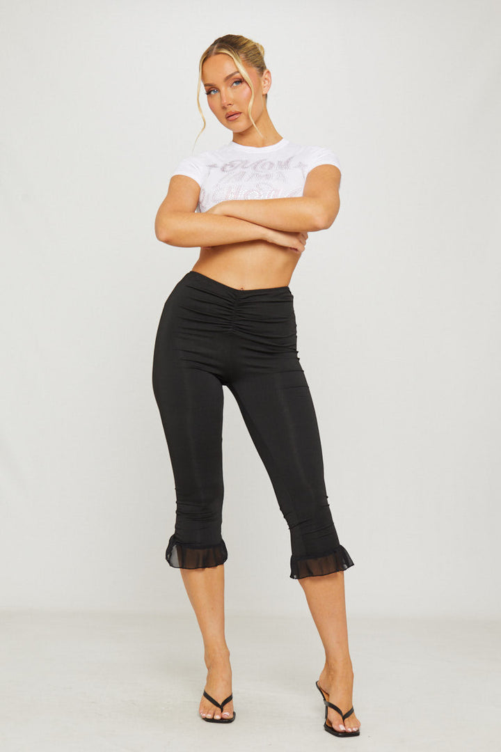 Valantomode | Chic Black Ruched Capri Leggings with Frill Hem