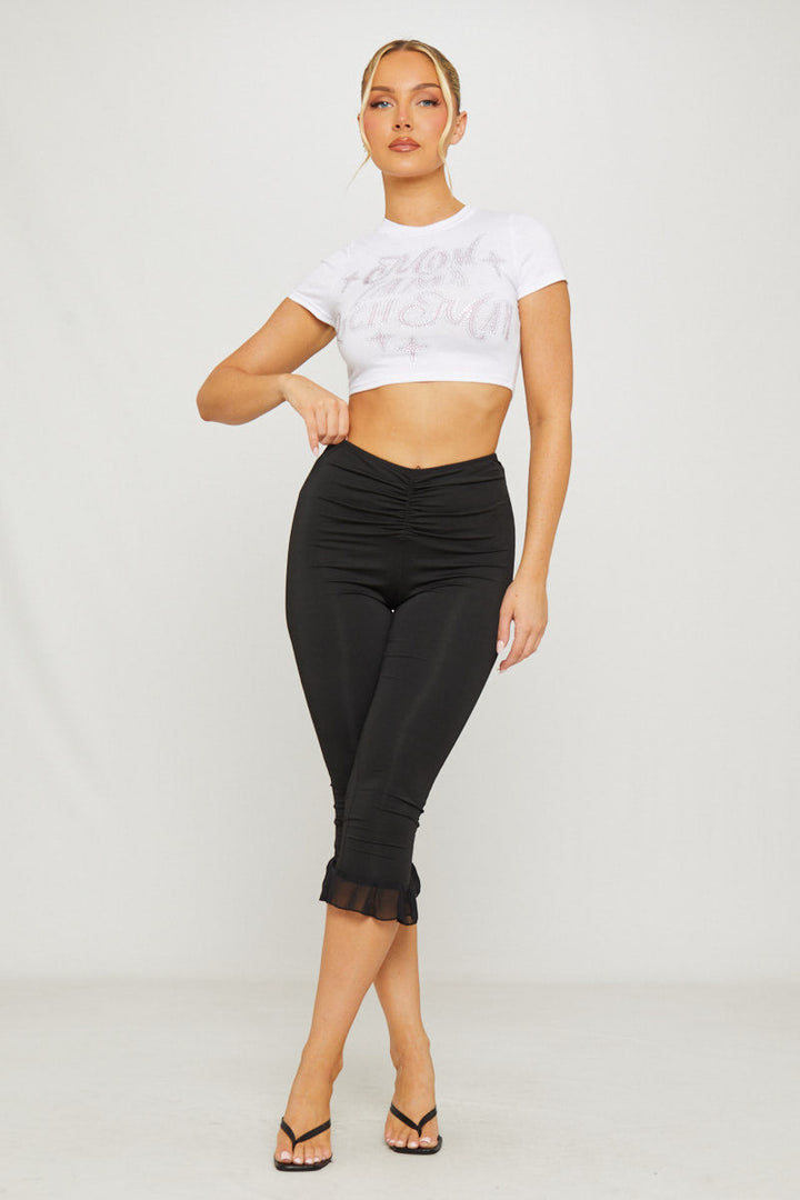 Valantomode | Chic Black Ruched Capri Leggings with Frill Hem