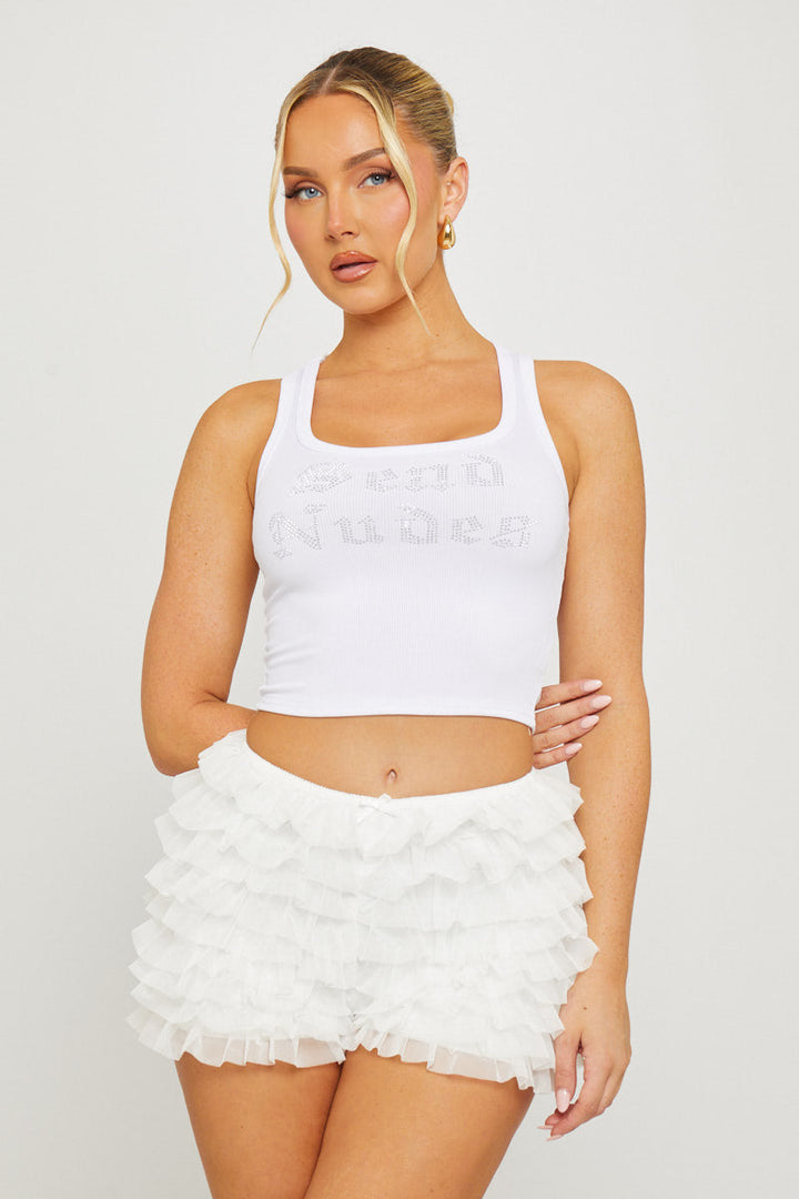 Valantomode | Chic White Ribbed Racer Vest with Slogan Detail
