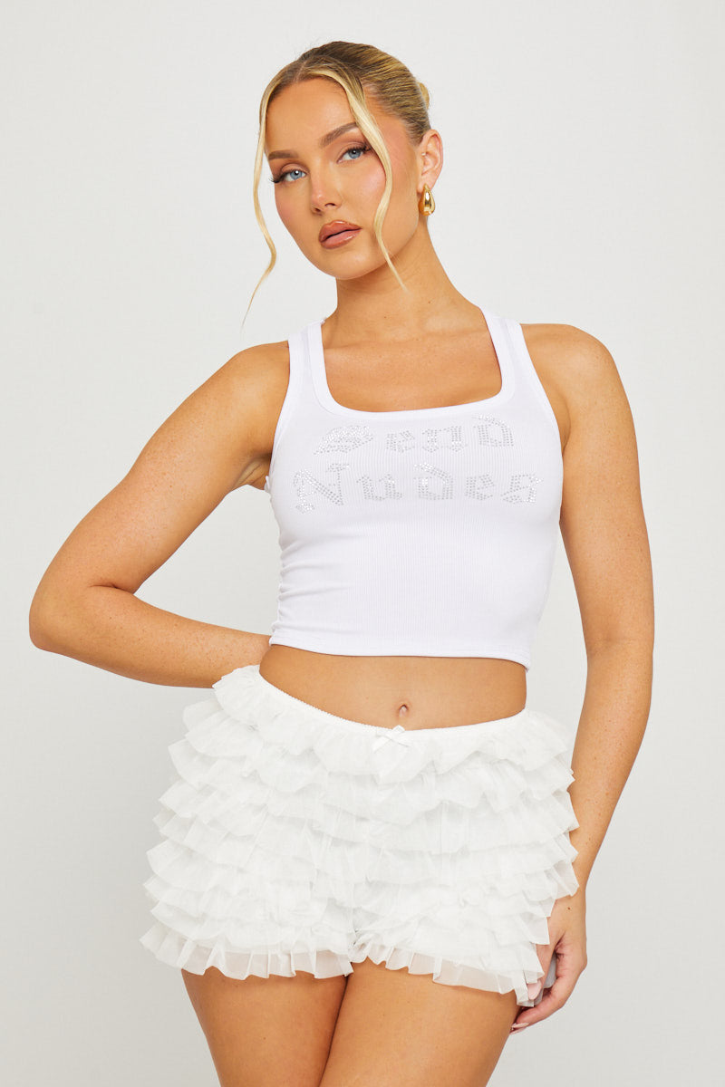 Valantomode | Chic White Ribbed Racer Vest with Slogan Detail