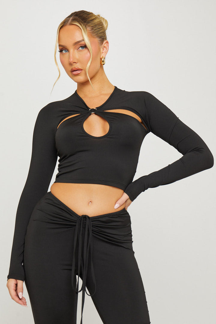 Valantomode | Chic Black Long Sleeve Crop Top with Cut Out Design