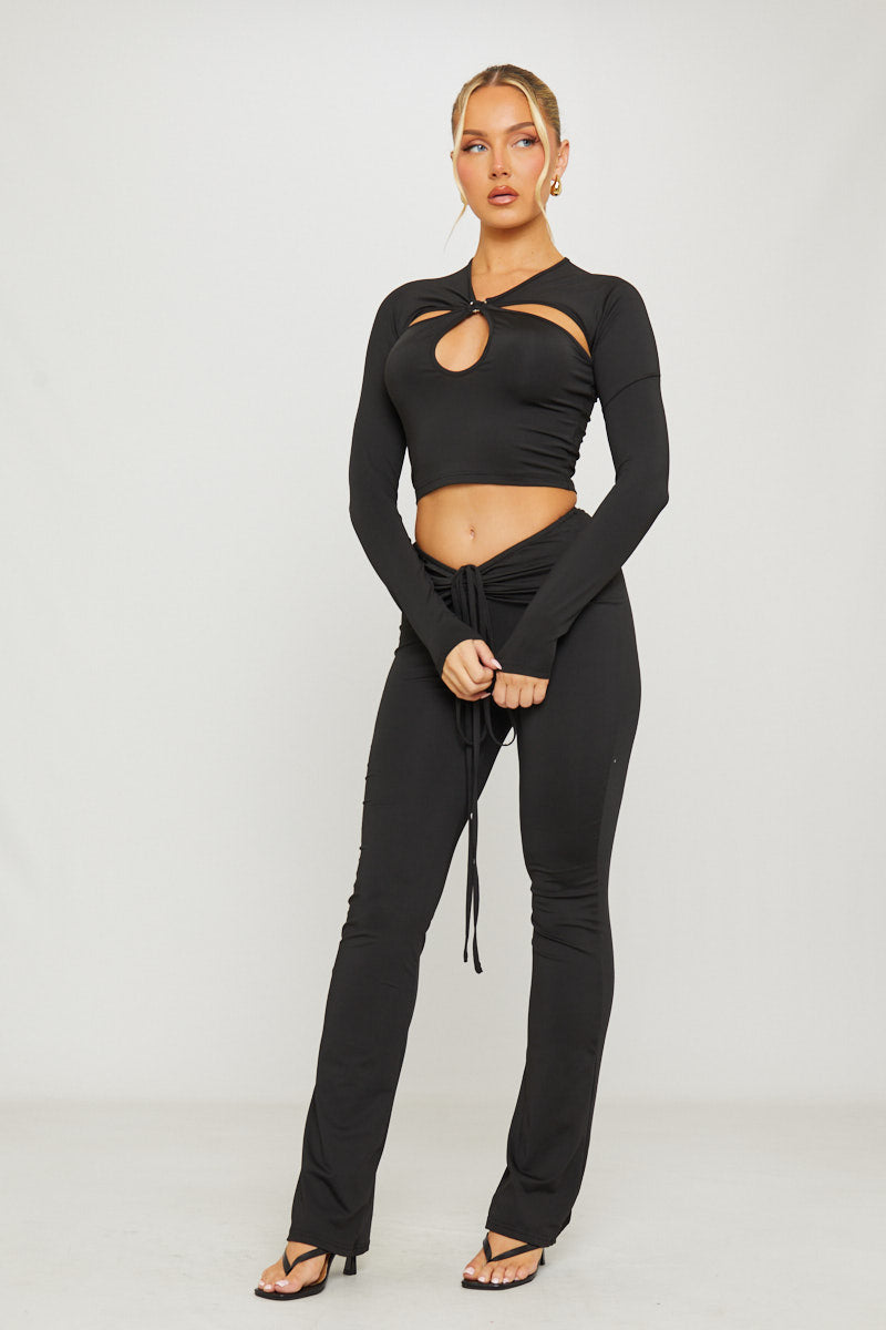Valantomode | Chic Black Long Sleeve Crop Top with Cut Out Design