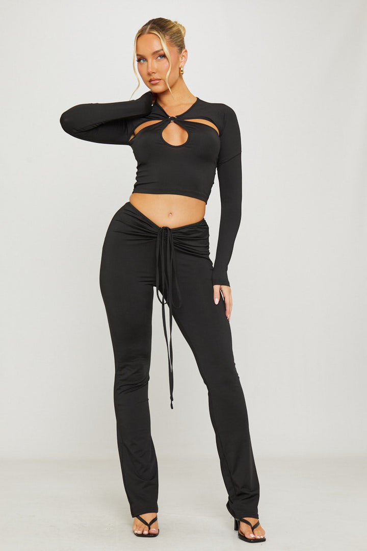 Valantomode | Chic Black Long Sleeve Crop Top with Cut Out Design