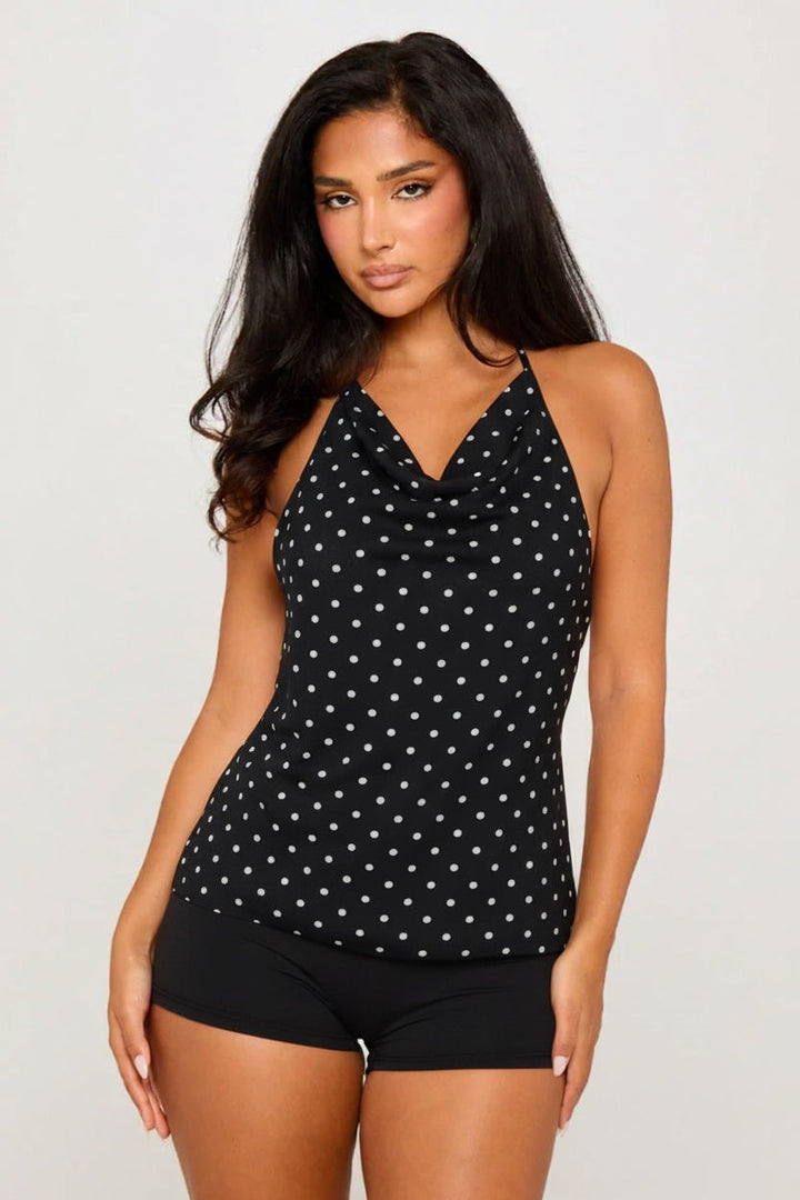 Valantomode | Chic Black Polka Dot Halterneck Backless Top