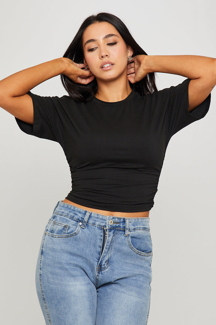 Valantomode | Stylish Black Short Sleeve T-Shirt with Cinched Waist