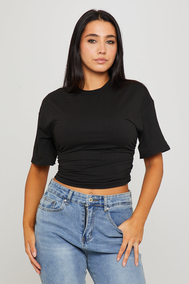 Valantomode | Stylish Black Short Sleeve T-Shirt with Cinched Waist