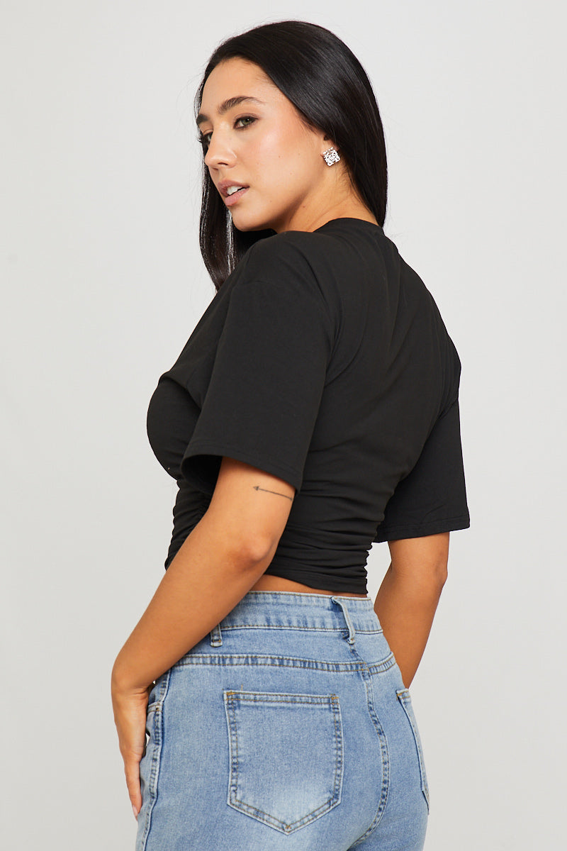 Valantomode | Stylish Black Short Sleeve T-Shirt with Cinched Waist
