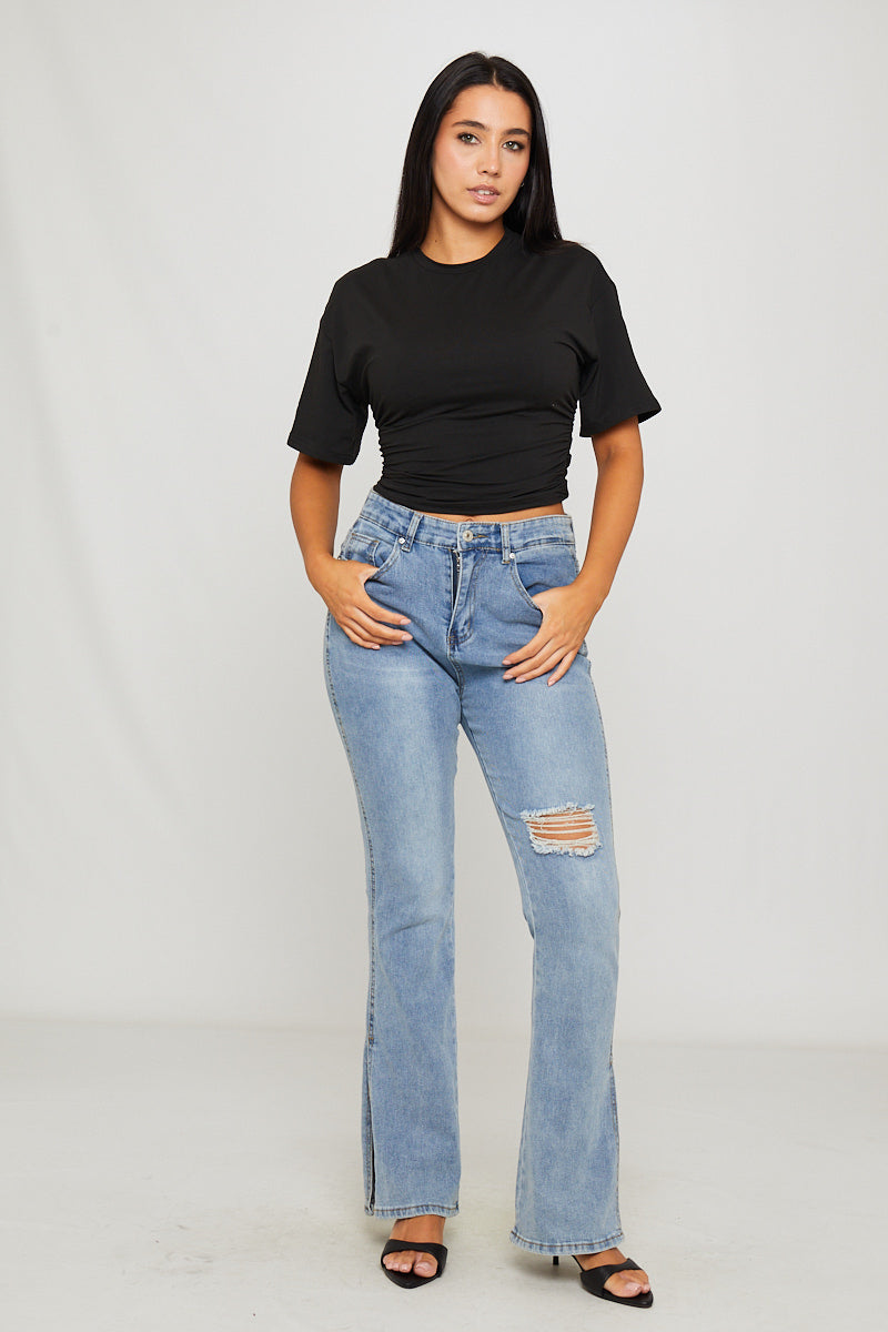 Valantomode | Stylish Black Short Sleeve T-Shirt with Cinched Waist