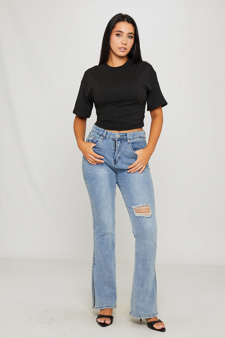 Valantomode | Stylish Black Short Sleeve T-Shirt with Cinched Waist