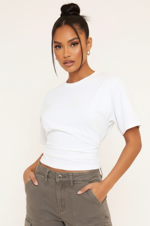 Valantomode | Stylish White Short Sleeve T-Shirt with Cinched Waist