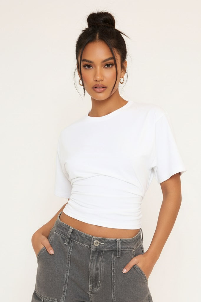 Valantomode | Stylish White Short Sleeve T-Shirt with Cinched Waist