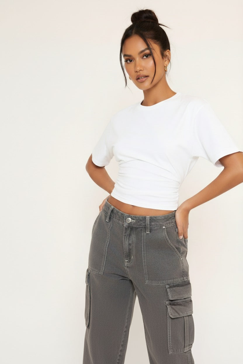 Valantomode | Stylish White Short Sleeve T-Shirt with Cinched Waist