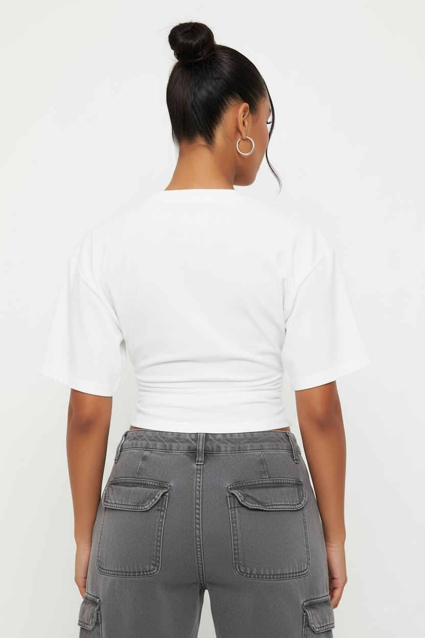 Valantomode | Stylish White Short Sleeve T-Shirt with Cinched Waist