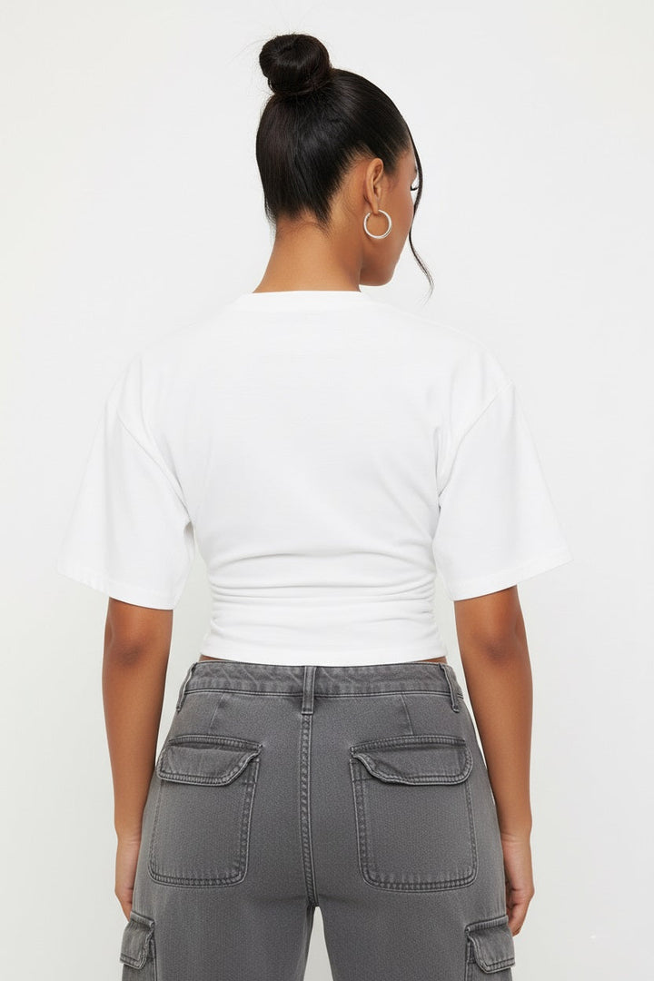 Valantomode | Stylish White Short Sleeve T-Shirt with Cinched Waist