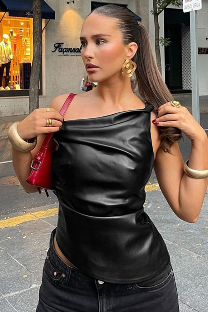 Valantomode | Chic Black Asymmetric One Shoulder Faux Leather Top