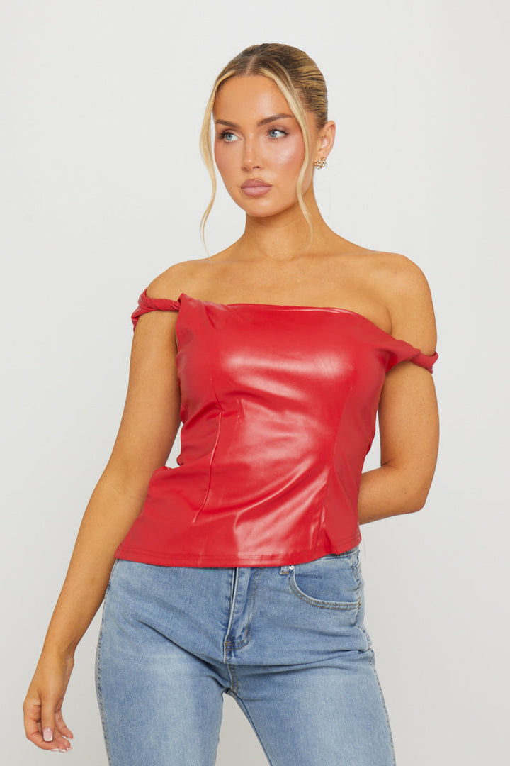 Valantomode | Chic Red Asymmetric One Shoulder Faux Leather Top