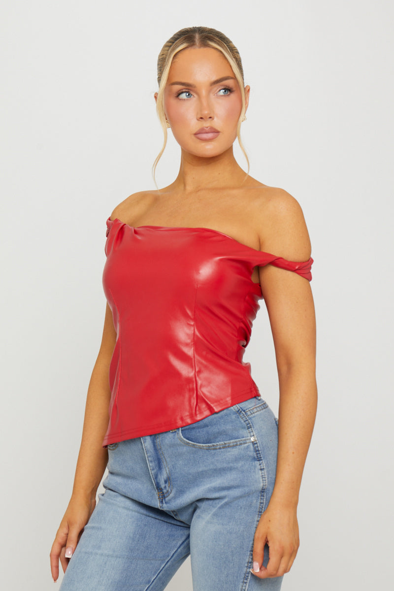 Valantomode | Chic Red Asymmetric One Shoulder Faux Leather Top