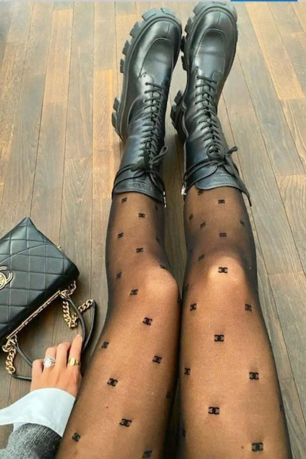 Valantomode | Stylish Black Logo Print Tights for Trendy Outfits