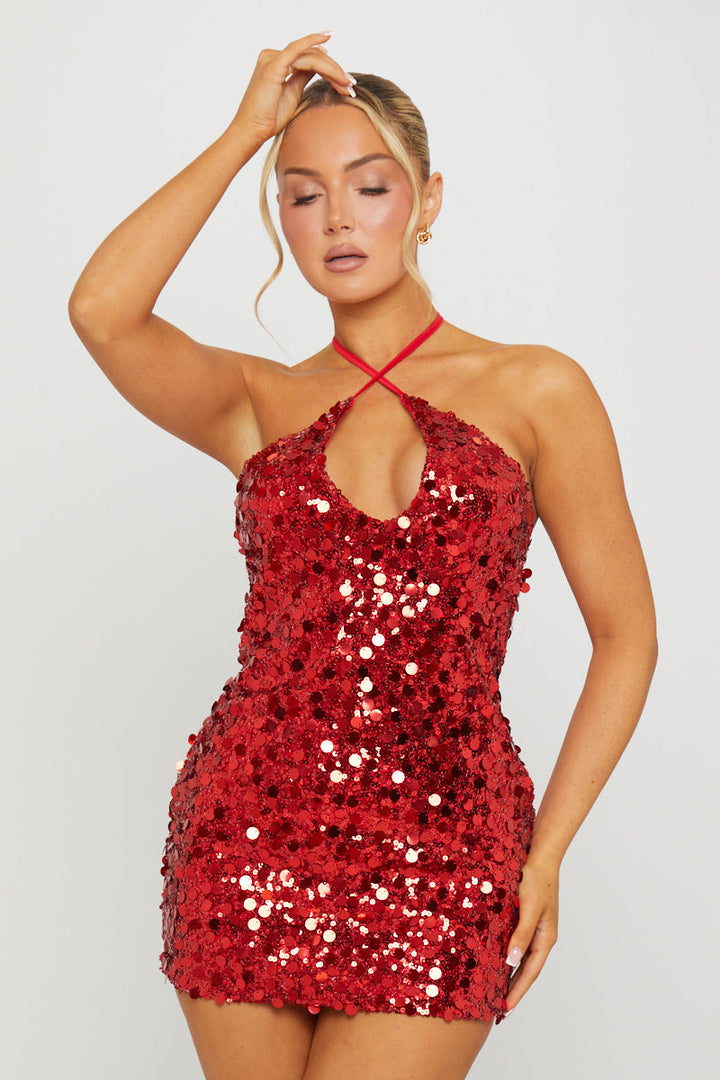 Valantomode | Glam Wine Sequin Halter Neck Mini Dress with Open Back