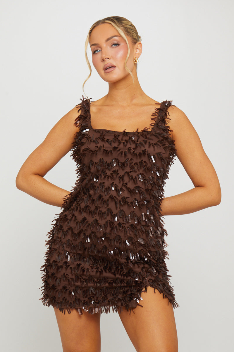 Valantomode | Chic Brown Sequin Mini Dress with Stylish Split Detail