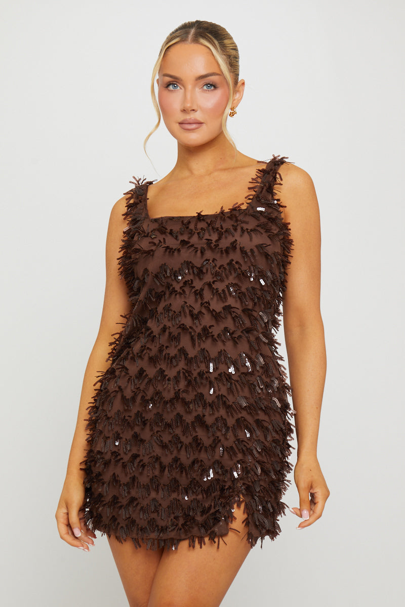 Valantomode | Chic Brown Sequin Mini Dress with Stylish Split Detail