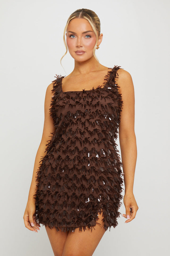 Valantomode | Chic Brown Sequin Mini Dress with Stylish Split Detail