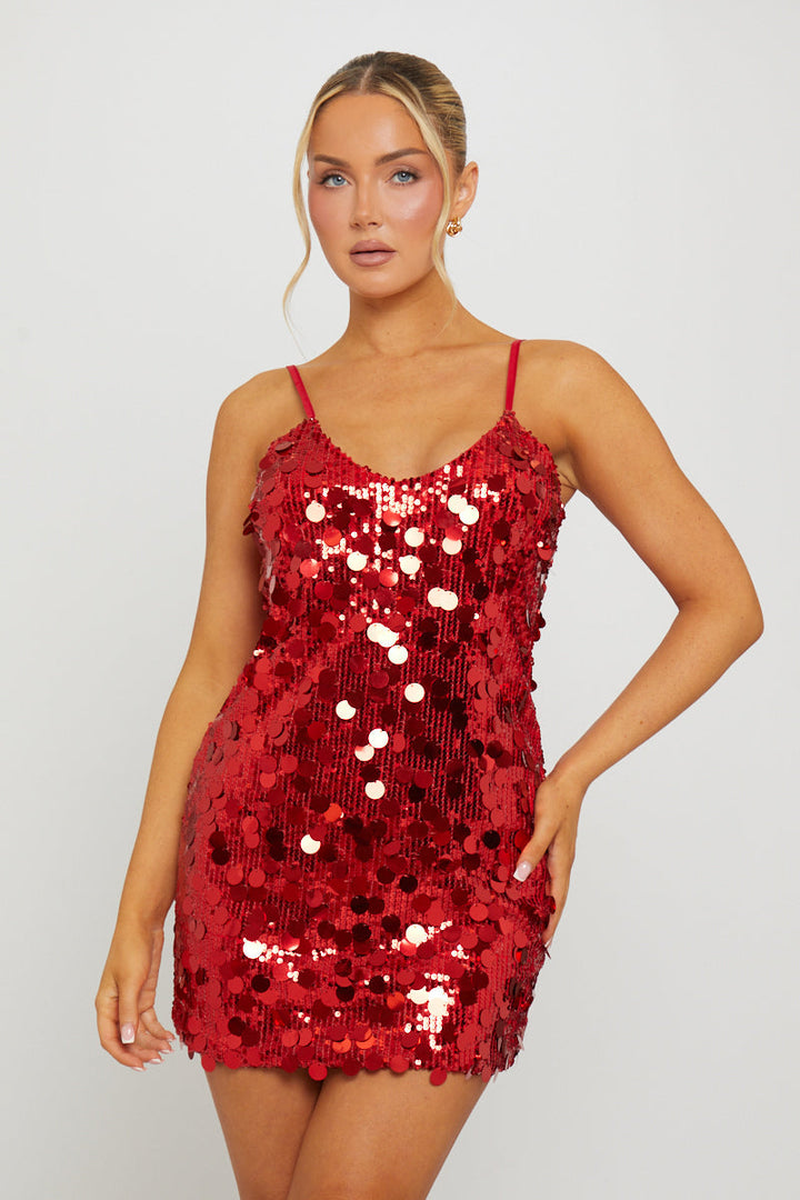 Valantomode | Wine Sequin Halter Mini Dress with Open Back Design