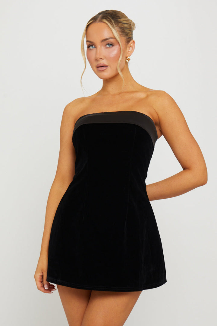 Valantomode | Chic Black Velvet Strapless Mini Dress with Fold Over Design