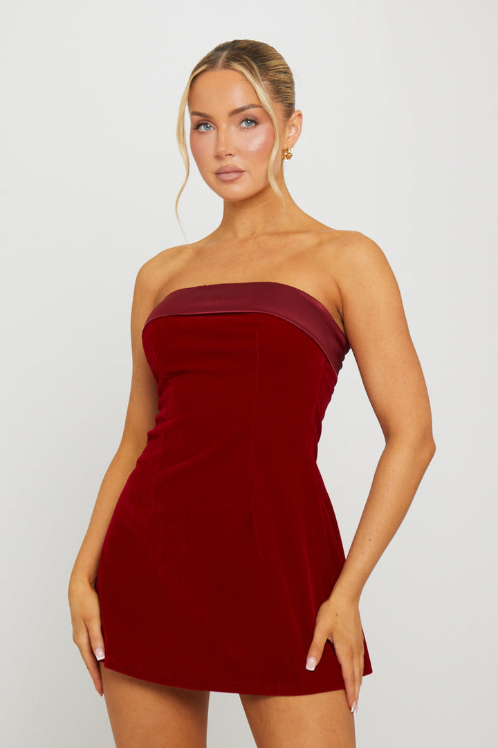 Valantomode | Chic Wine Velvet Strapless Mini Dress with Fold Over Design