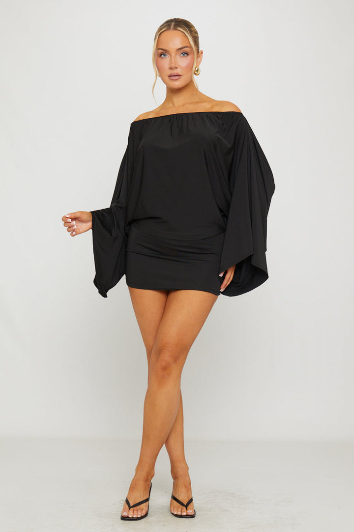 Valantomode | Chic Black Off-Shoulder Batwing Top & Mini Skirt Set