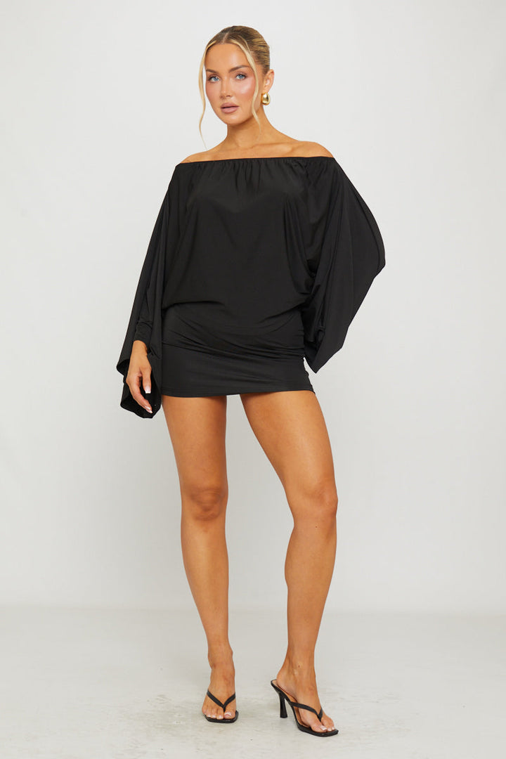 Valantomode | Chic Black Off-Shoulder Batwing Top & Mini Skirt Set