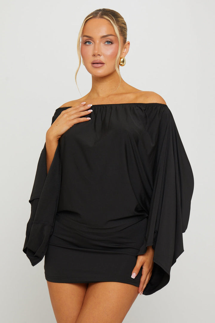 Valantomode | Chic Black Off-Shoulder Batwing Top & Mini Skirt Set