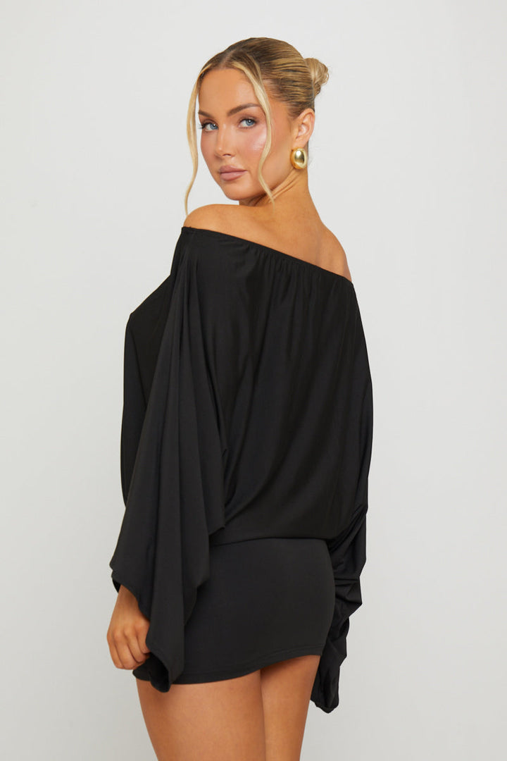 Valantomode | Chic Black Off-Shoulder Batwing Top & Mini Skirt Set