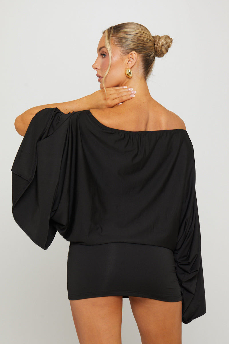 Valantomode | Chic Black Off-Shoulder Batwing Top & Mini Skirt Set