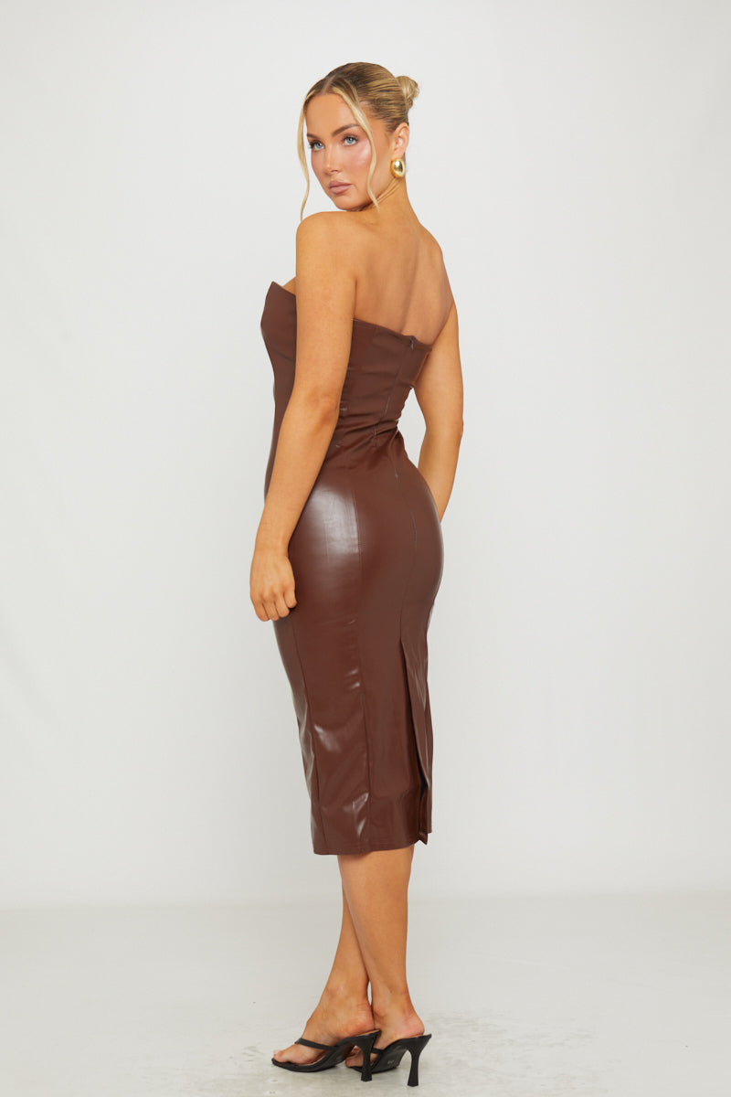 Valantomode | Chic Brown Faux Leather Strapless Midi Bodycon Dress